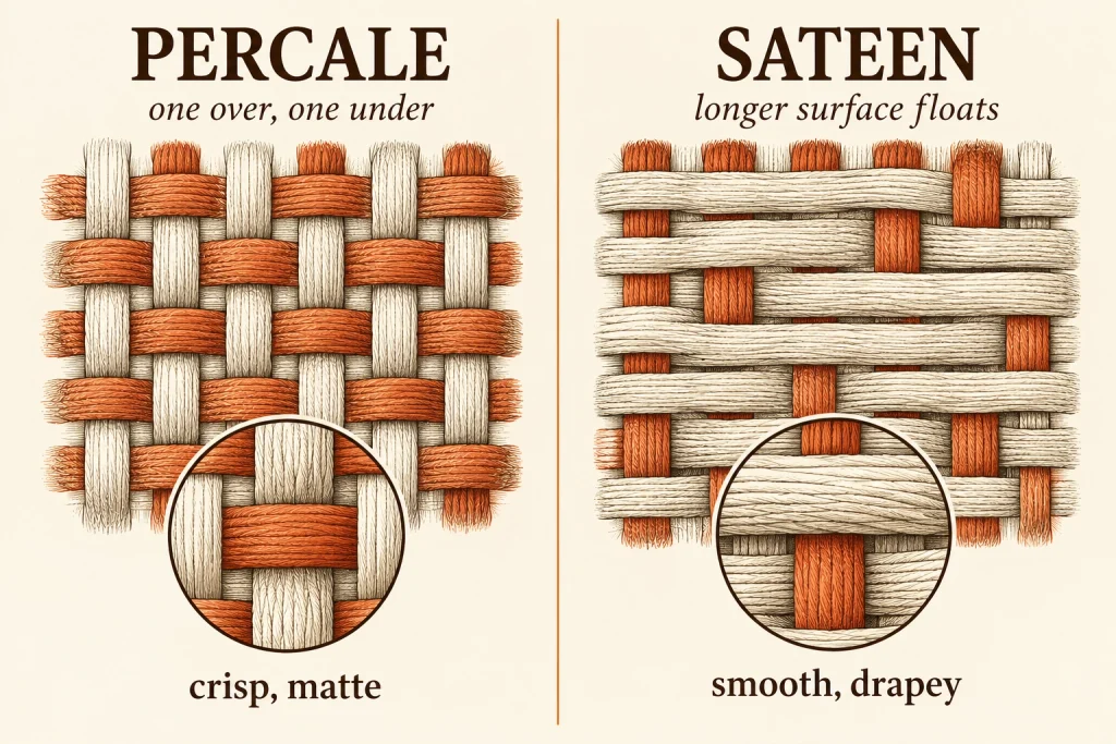 Diagram comparing percale's one-over-one-under plain weave with sateen's longer surface yarn floats.
