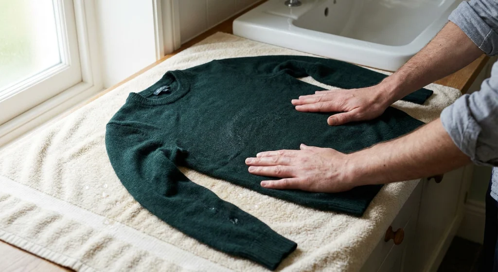 Hands gently pressing excess water from a wet wool jumper laid flat on a towel.