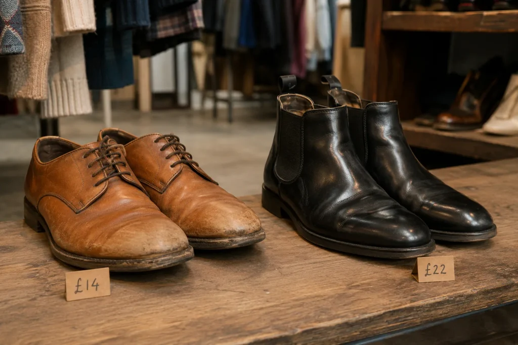 Worn tan leather derbies priced at £14 beside polished black Chelsea boots priced at £22 in a pre-loved shop.
