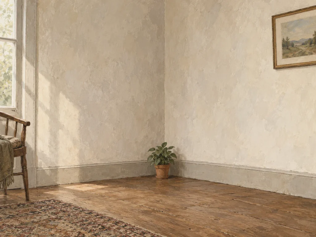 Illustration of a small potted plant visually disappearing in a large, mostly empty interior corner.