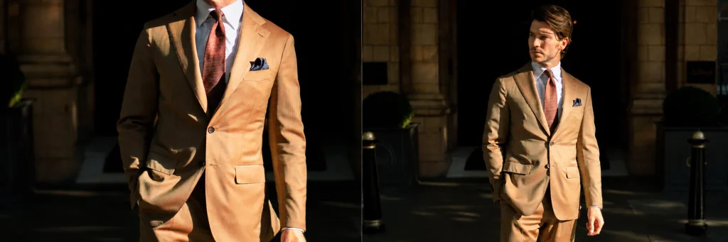 Close and full-length views of a tan Solaro wool suit in directional sunlight, showing subtle changes in the cloth across folds and shaded areas.