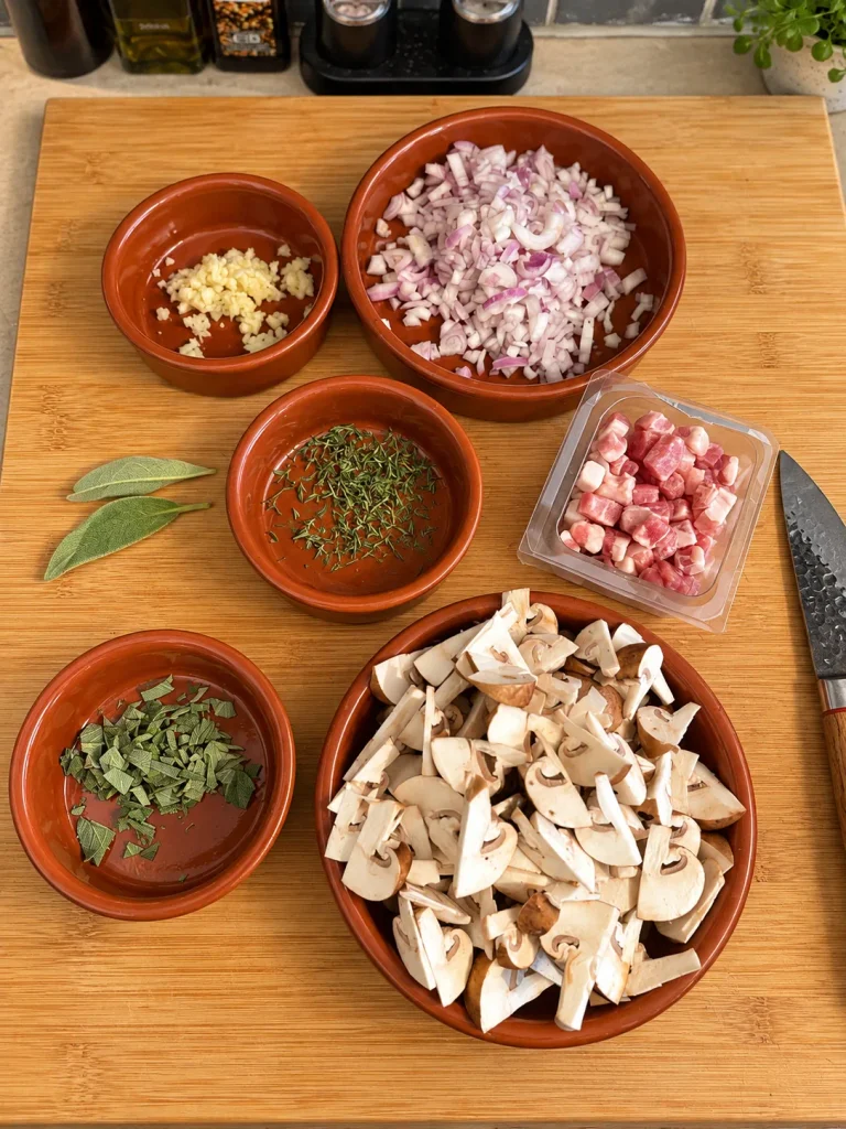 Mise en place for stuffed butternut squash, with chopped shallots, garlic, thyme, sage, pancetta and chestnut mushrooms in terracotta ramekins and bowls.