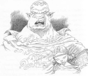Illustration of a large female Termagant Trog with a smaller figure below, from the Edge Chronicles.