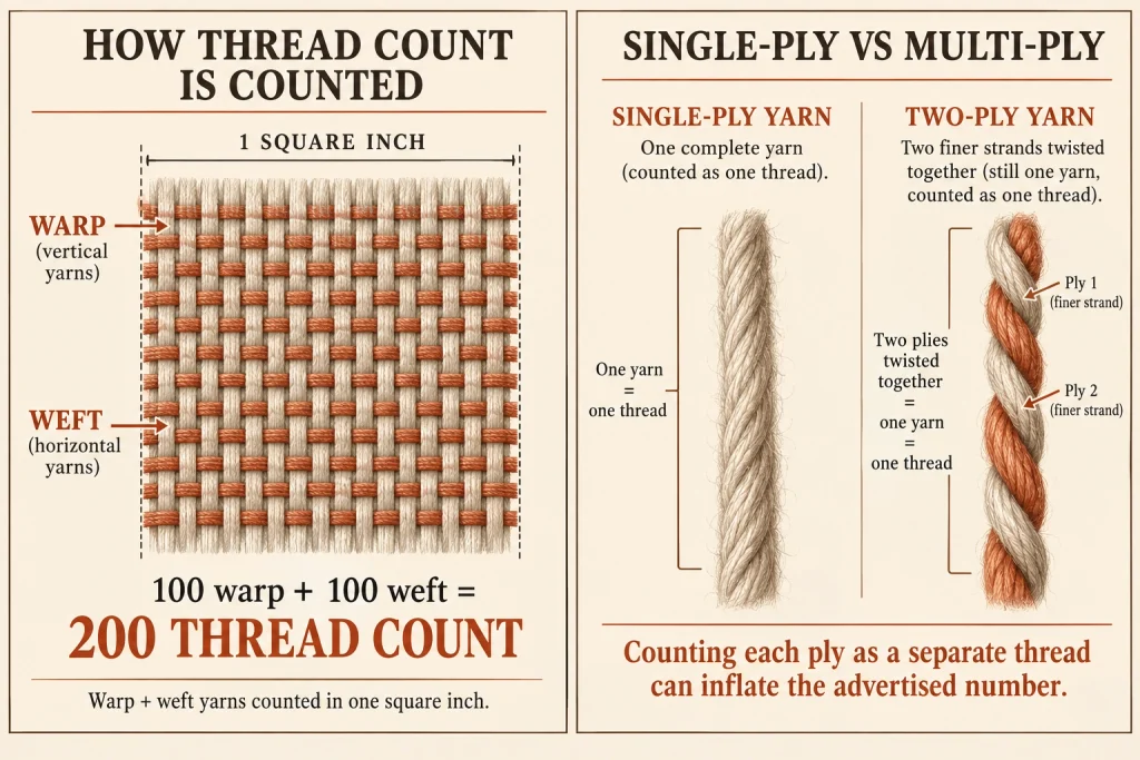 Diagram showing thread count as warp plus weft yarns per square inch, and comparing single-ply yarn with two plies twisted into one yarn.