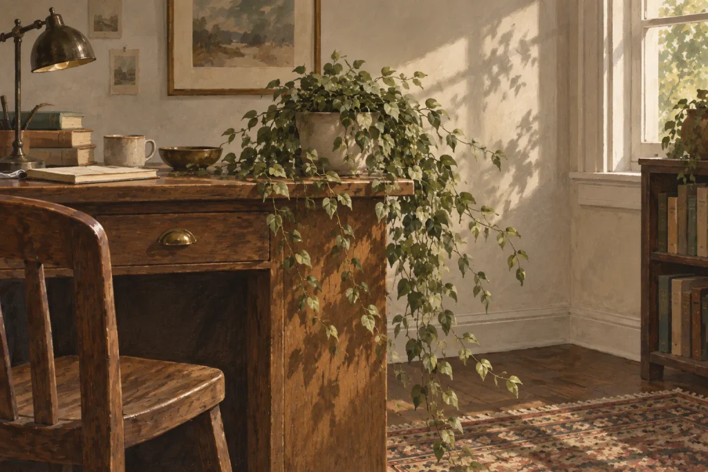 Illustration of a trailing plant extending beyond the edge of a wooden desk into the surrounding space.