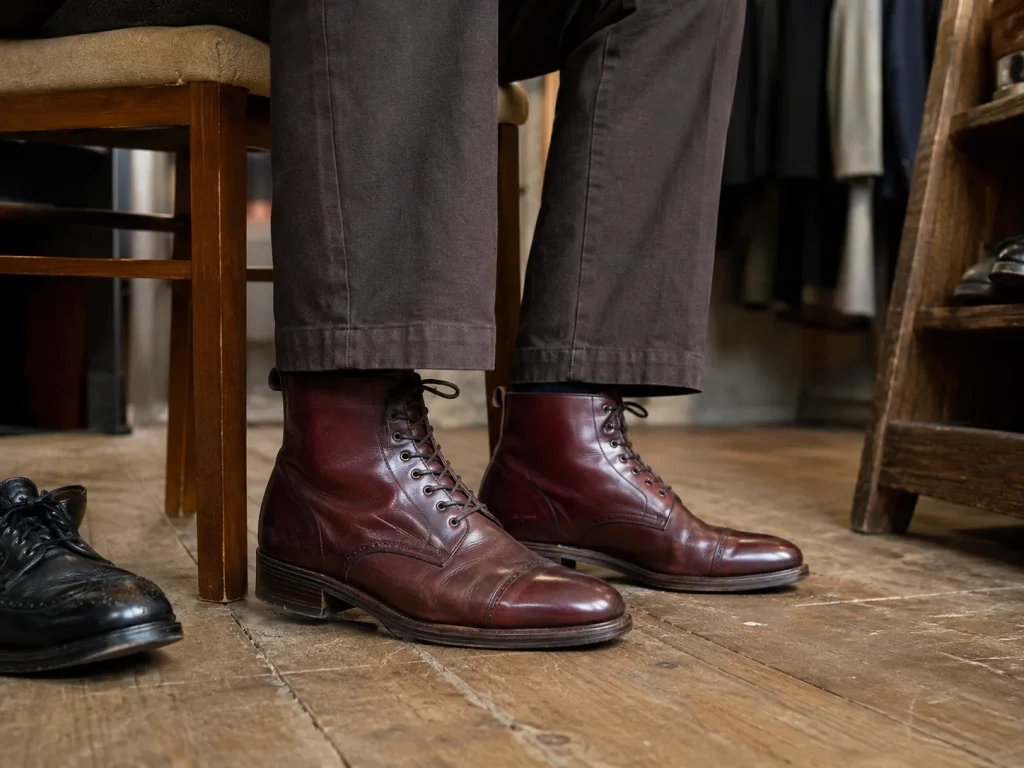 Oxblood leather ankle boots being tried on while seated in a pre-loved shop, with a black brogue beside the chair.