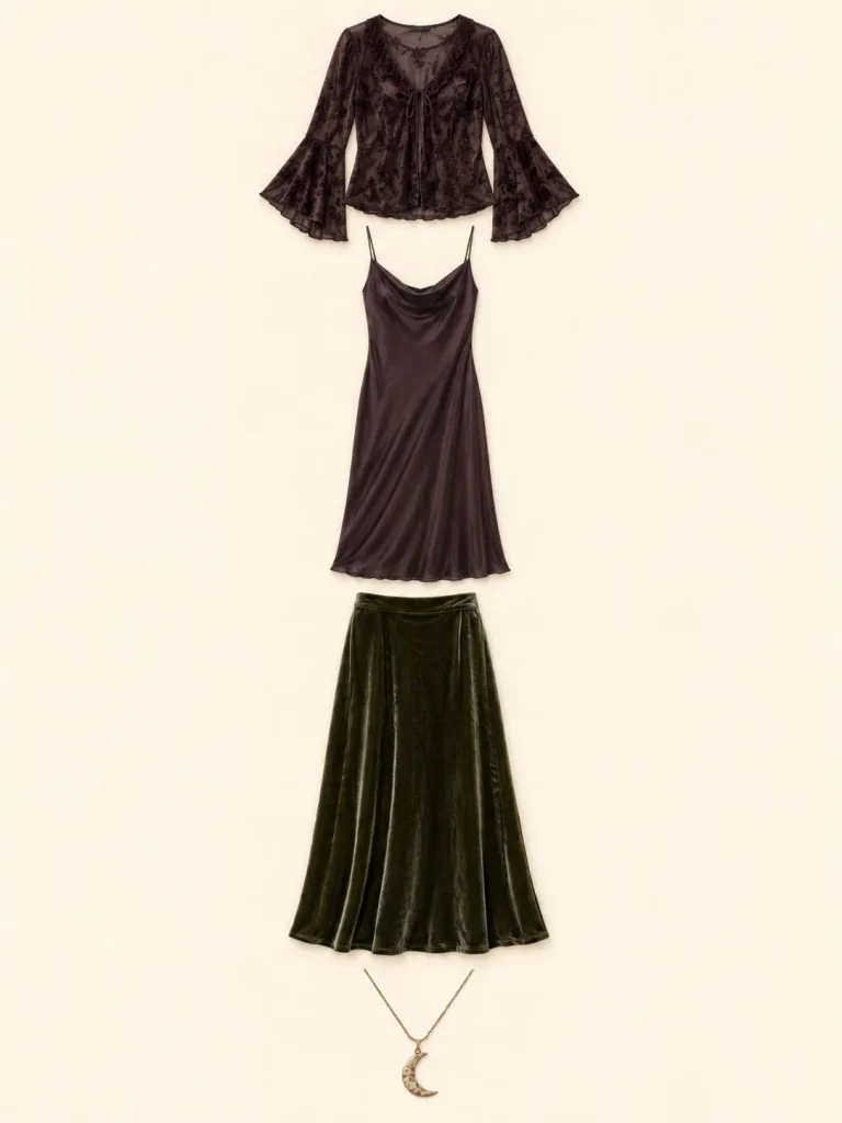 Whimsigoth clothing cues shown as a bell-sleeve blouse, slip dress, velvet maxi skirt and celestial pendant.