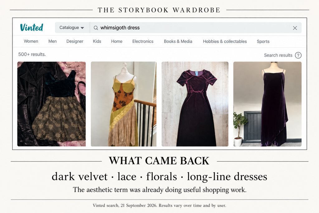Vinted search for whimsigoth dress showing 500+ results, with dark velvet, lace, floral and long-line dresses visible among the first listings.
