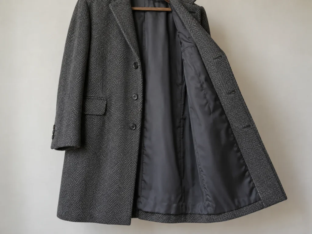 Dry charcoal herringbone wool coat opened to show the lining hanging smoothly inside the outer shell.