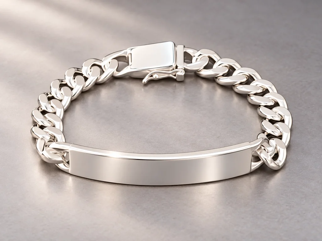 Silver-coloured ID bracelet with a box clasp, bought second-hand on Vinted.