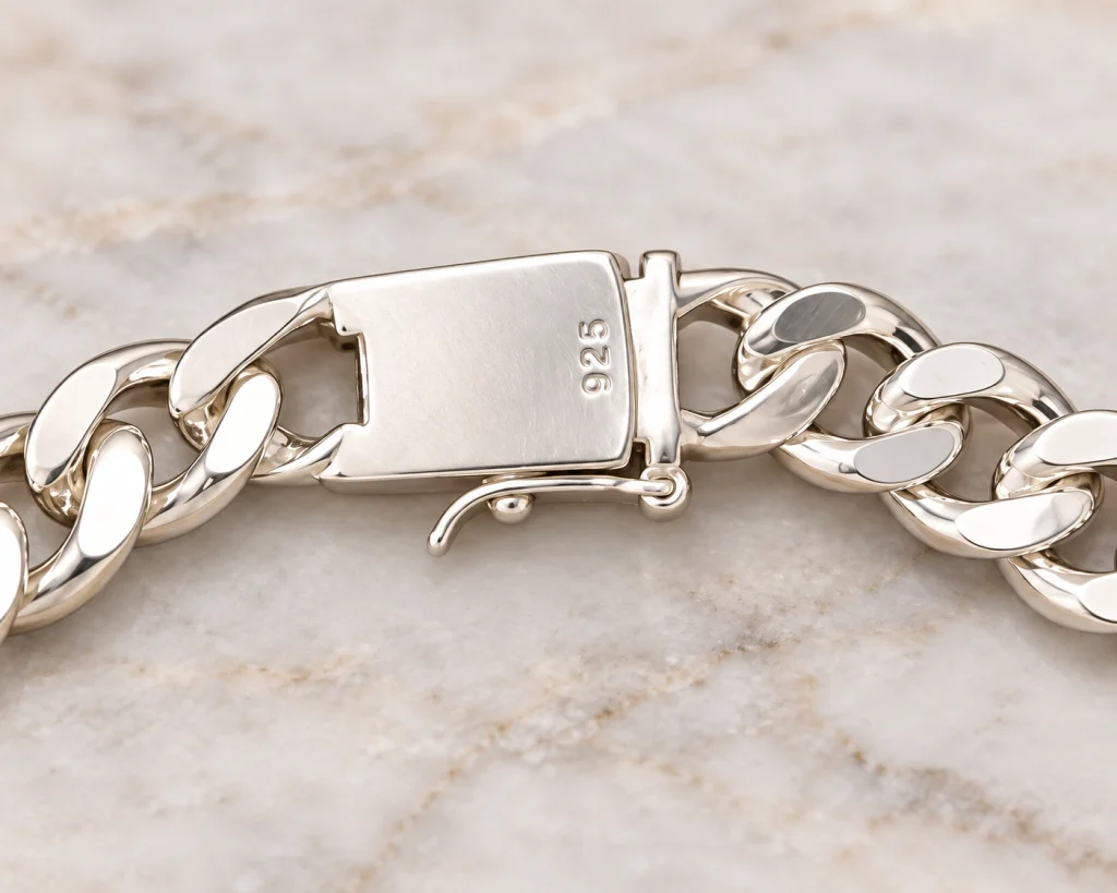 Close-up of the box clasp on a second-hand ID bracelet stamped 925.