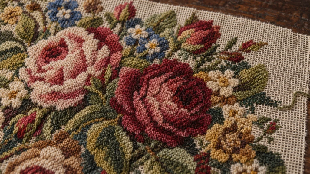 Illustration of Berlin woolwork embroidery, showing coloured wool stitches worked onto an open canvas ground.