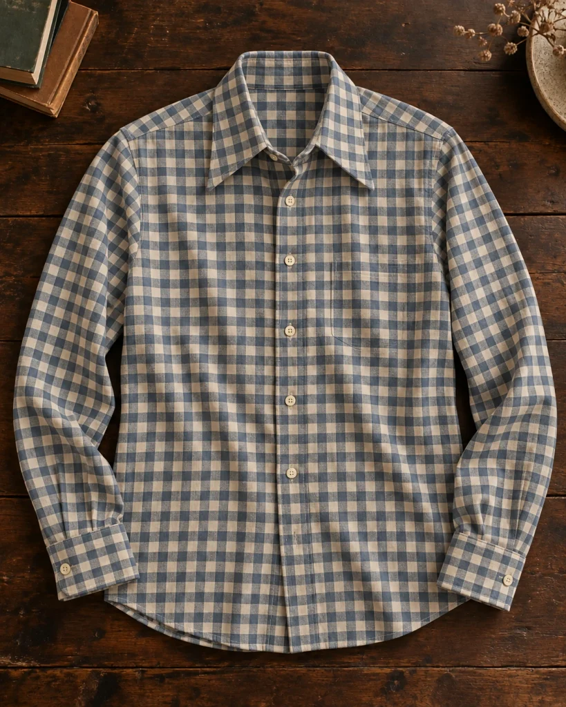 Blue-and-cream gingham shirt laid flat, showing a regular three-tone check.