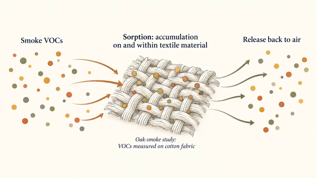 Diagram showing volatile compounds moving from smoke to textile material and some later being released back into the air.
