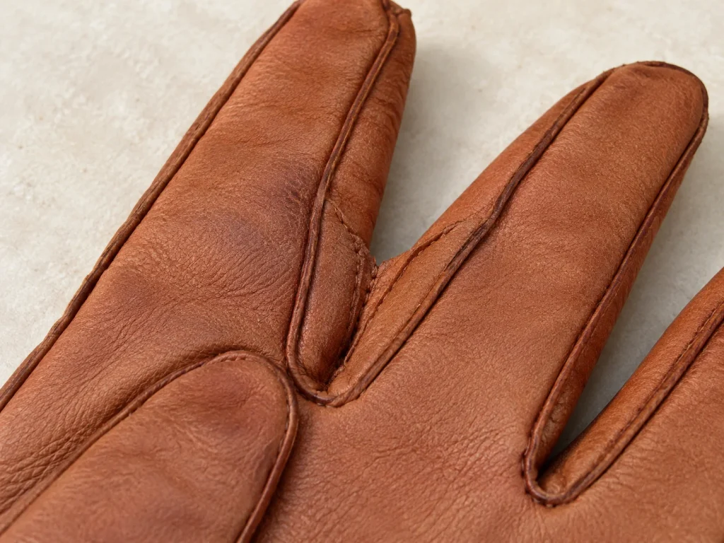 Close-up of a brown leather glove showing the narrow side panels between the fingers