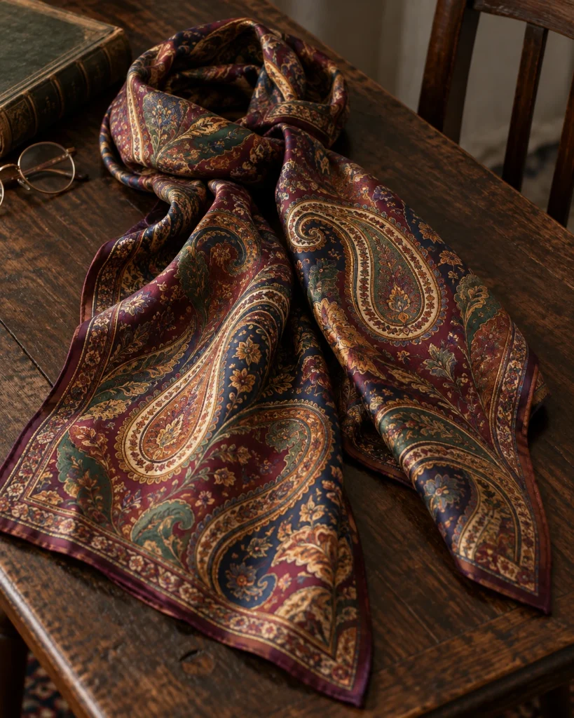 Burgundy silk scarf with an intricate paisley pattern in gold, navy and dark green, draped across a wooden table.