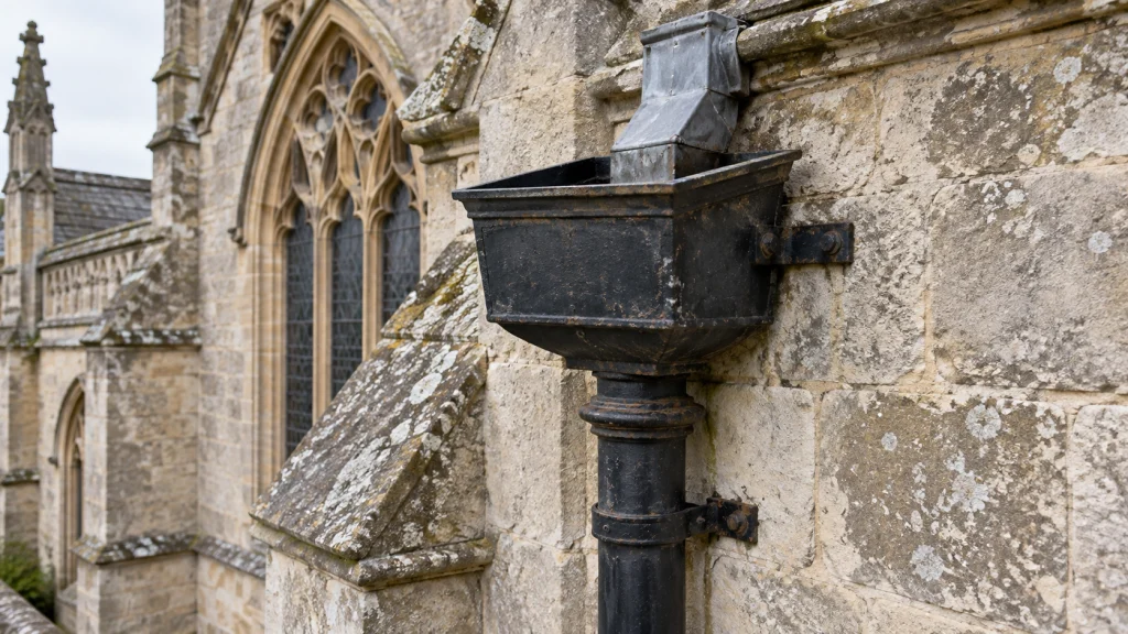 Illustration of a black cast-iron rainwater hopper receiving water from a lead outlet above a downpipe on a Gothic church wall.