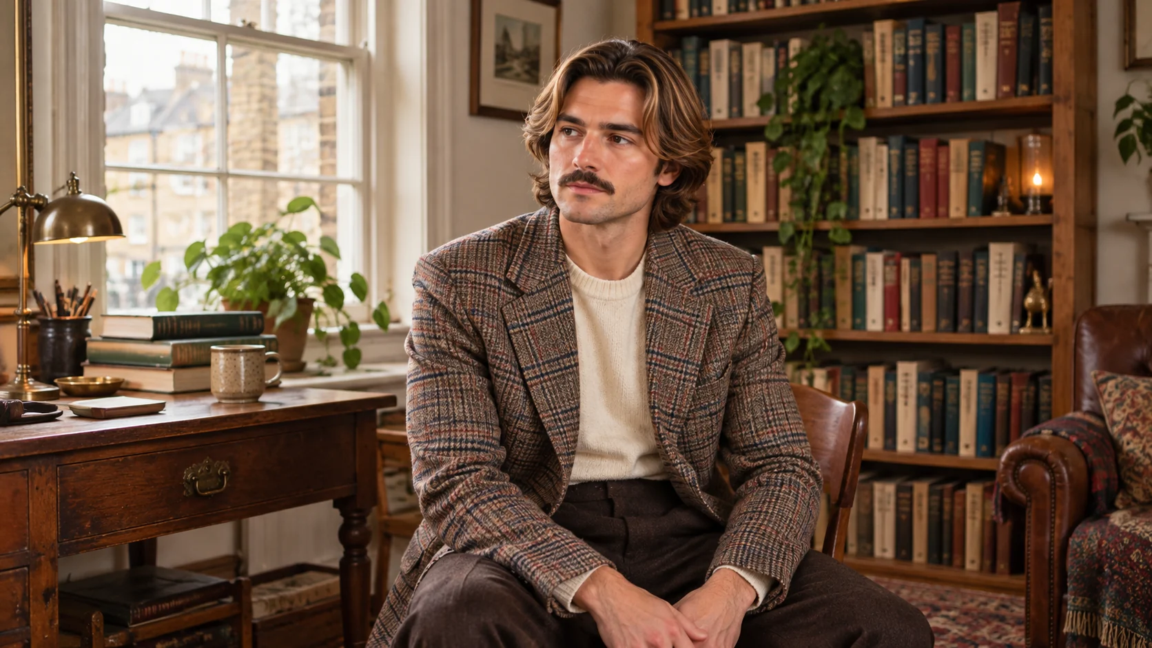 Man seated in a book-lined room wearing a brown and grey glen-check blazer with fine red and blue overchecks.