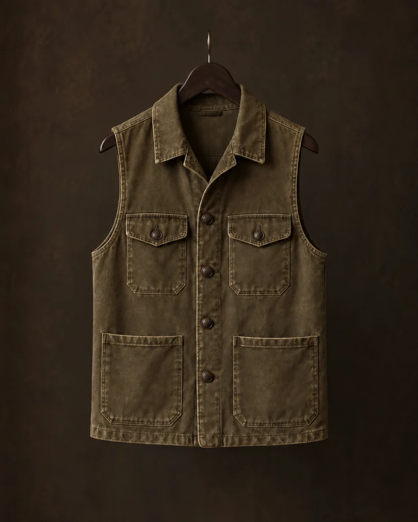 Faded olive-brown moleskin utility gilet with four dark front buttons and four pockets.