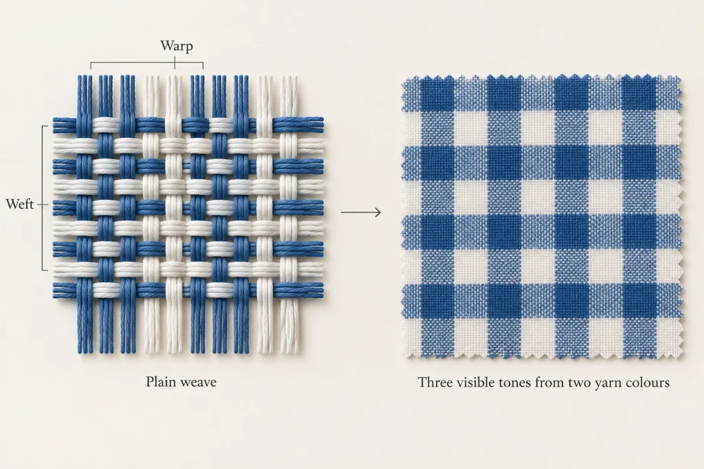 Diagram showing how blue and white warp and weft threads in a plain weave create a gingham check with three visible tones.