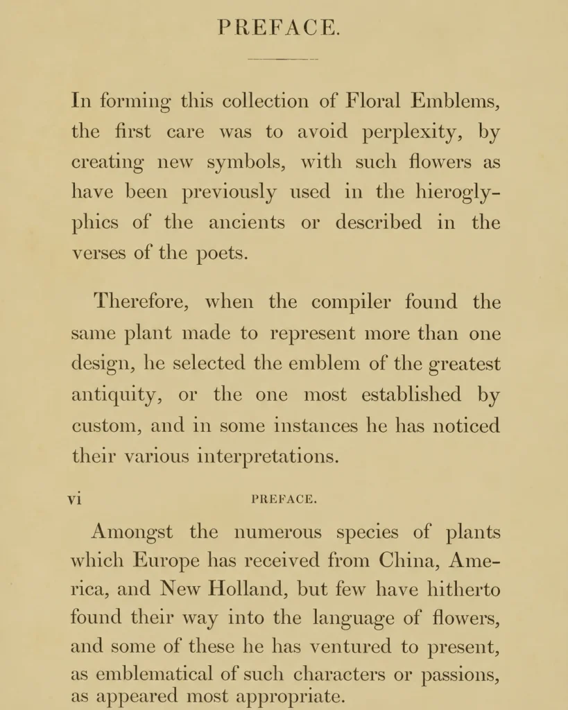 Preface of Henry Phillips’s Floral Emblems (1825), explaining how he chose between competing flower meanings.