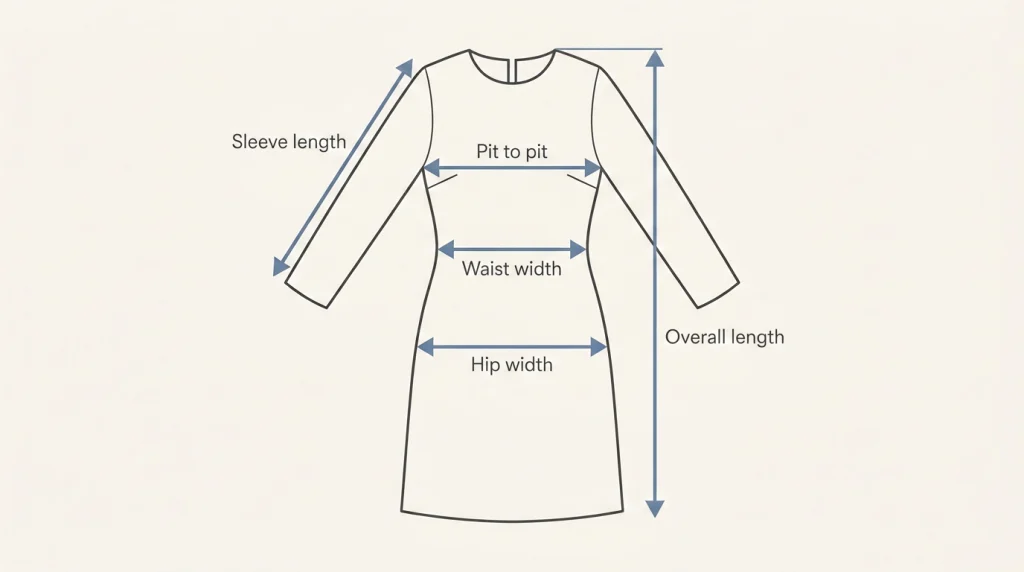 Dress laid flat with arrows showing pit-to-pit, waist width, hip width, sleeve length and overall length measurements.