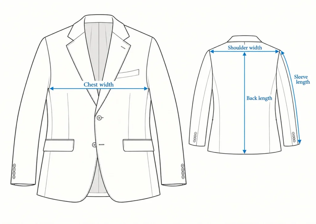 Jacket laid flat showing chest width, shoulder width, sleeve length and centre-back length measurements.