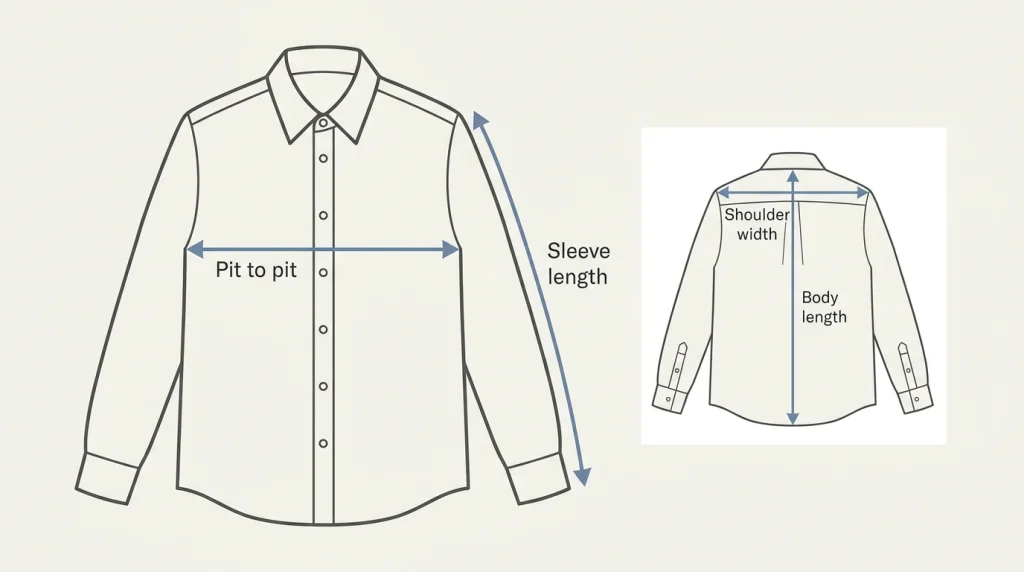 Shirt laid flat with arrows showing pit-to-pit, shoulder width, sleeve length and centre-back body length measurements.