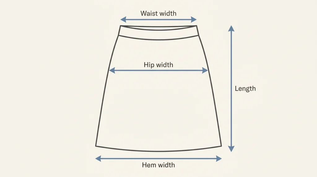 Skirt laid flat with arrows showing waist width, hip width, length and hem width measurements.