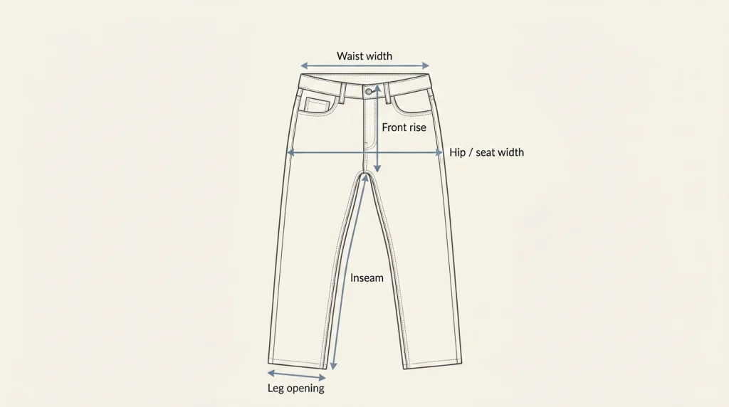 Trousers laid flat with arrows showing waist width, hip or seat width, front rise, inseam and leg opening measurements.