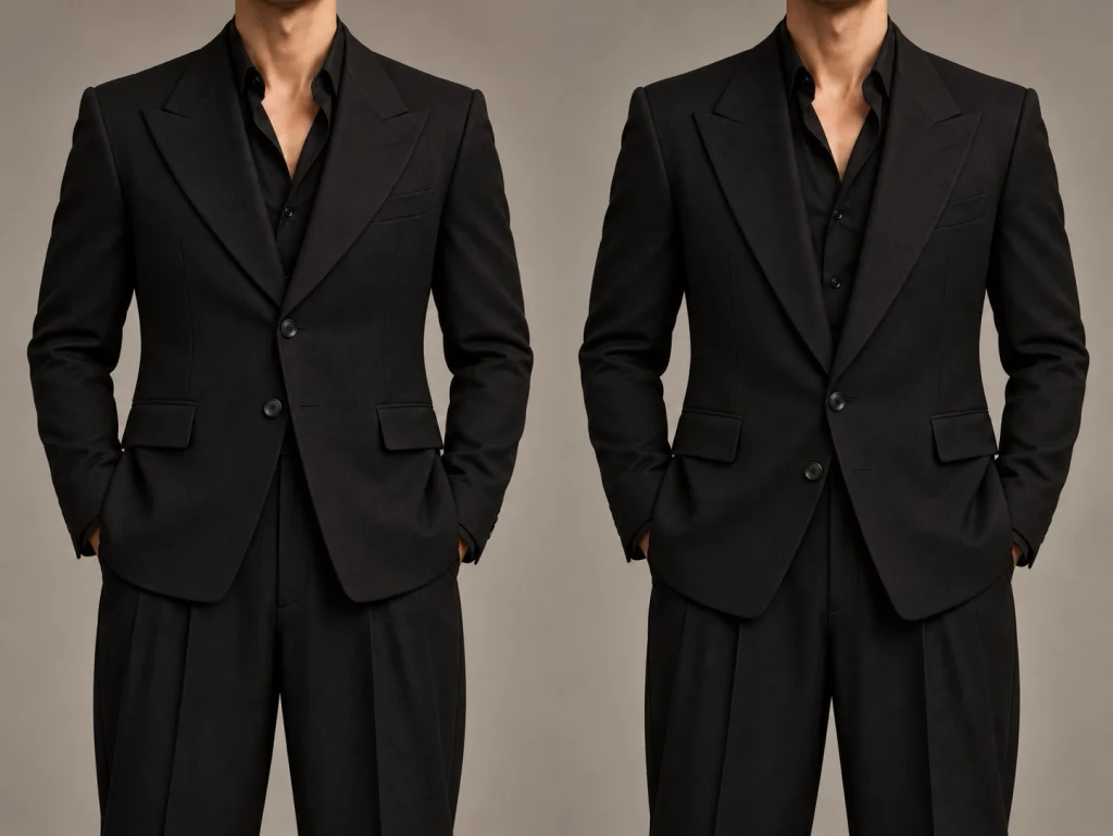Two black tailored jackets with broad lapels showing a higher and lower button stance.