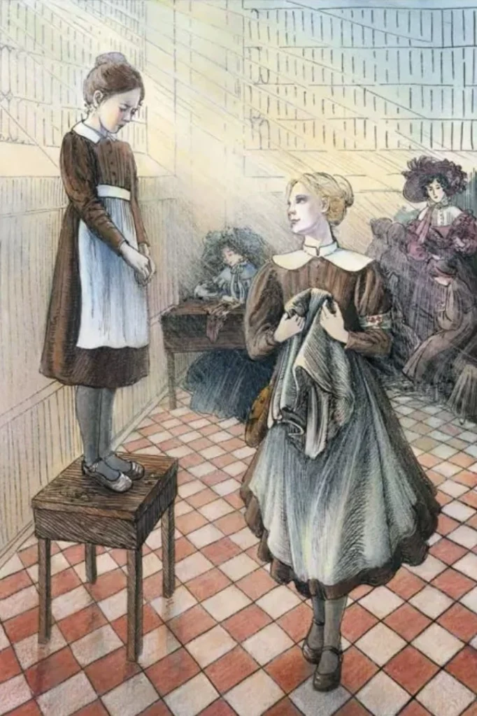 Jane Eyre stands on a stool at Lowood wearing a brown dress and white pinafore, with other women and girls around her.