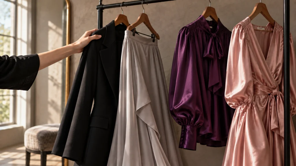 A hand selects a black blazer and pearl-grey skirt from a rail while a purple satin blouse and pink satin dress hang beside them.