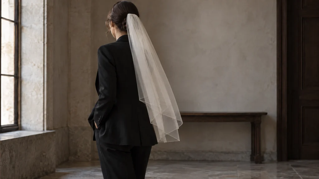A person in a dark tailored formal outfit seen from behind wearing a simple unembroidered ivory veil.