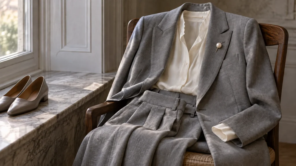 A silver-grey tailored outfit with a cream blouse and a single pearl brooch arranged on a wooden chair beside simple shoes.