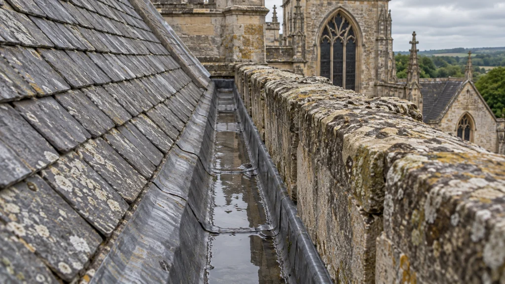 Illustration of a lead-lined gutter running between a sloping slate church roof and a weathered stone parapet.
