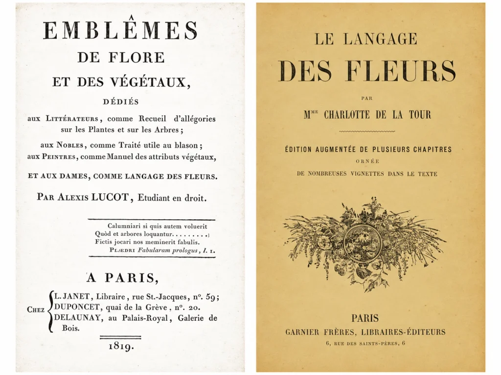 Title pages of Alexis Lucot’s *Emblèmes de Flore et des Végétaux* (1819) and a later edition of *Le Langage des Fleurs* by Charlotte de Latour.