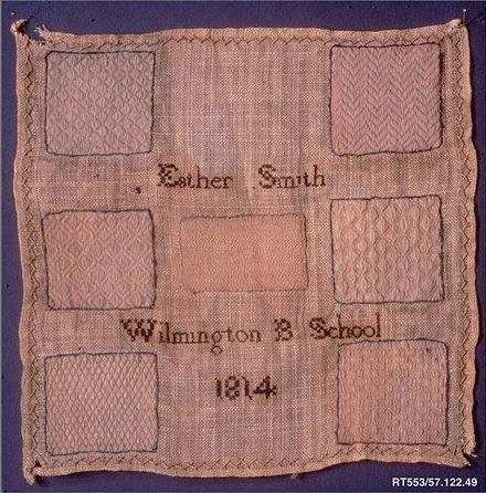 1814 darning sampler by Esther Smith, with stitched practice squares and her name, Wilmington B School and date worked into the linen.