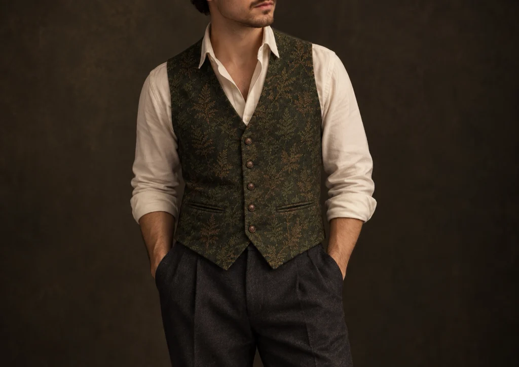 Moss-green botanical waistcoat worn over an open-collar cream shirt with charcoal trousers.