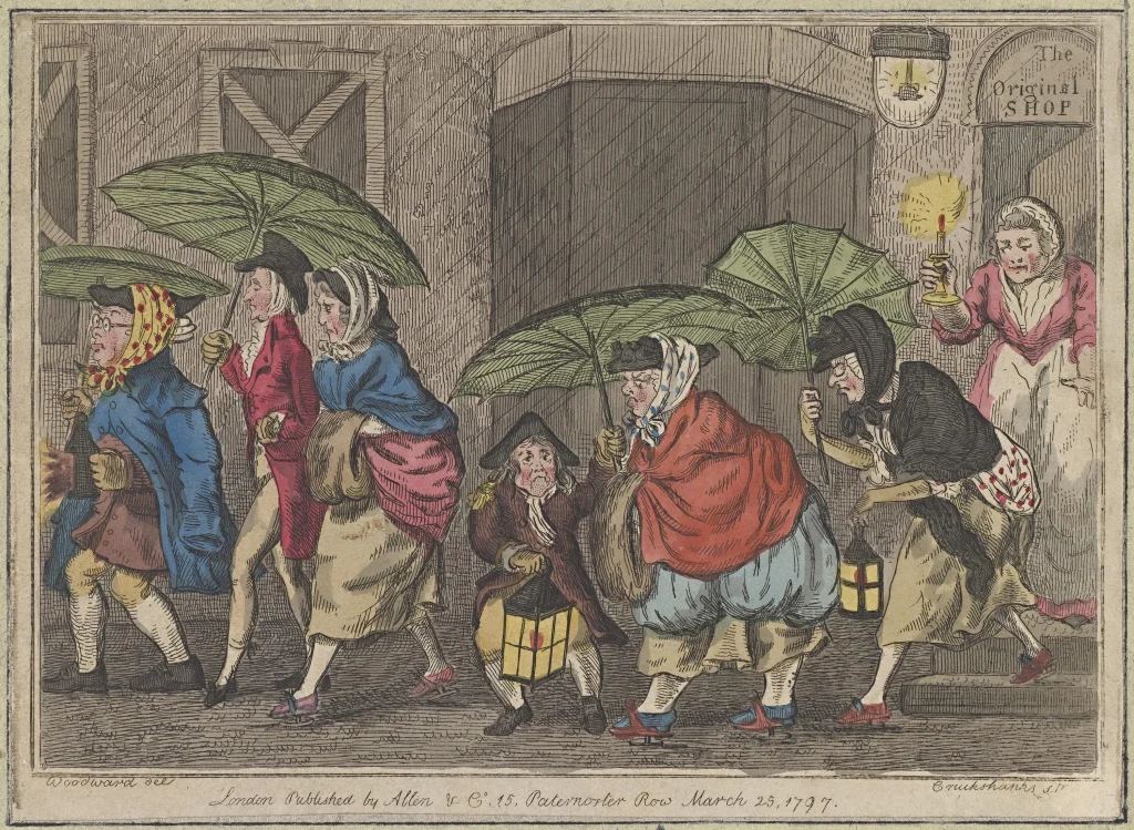 A 1797 satirical print showing Georgian pedestrians sheltering beneath large umbrellas on a rainy London street.