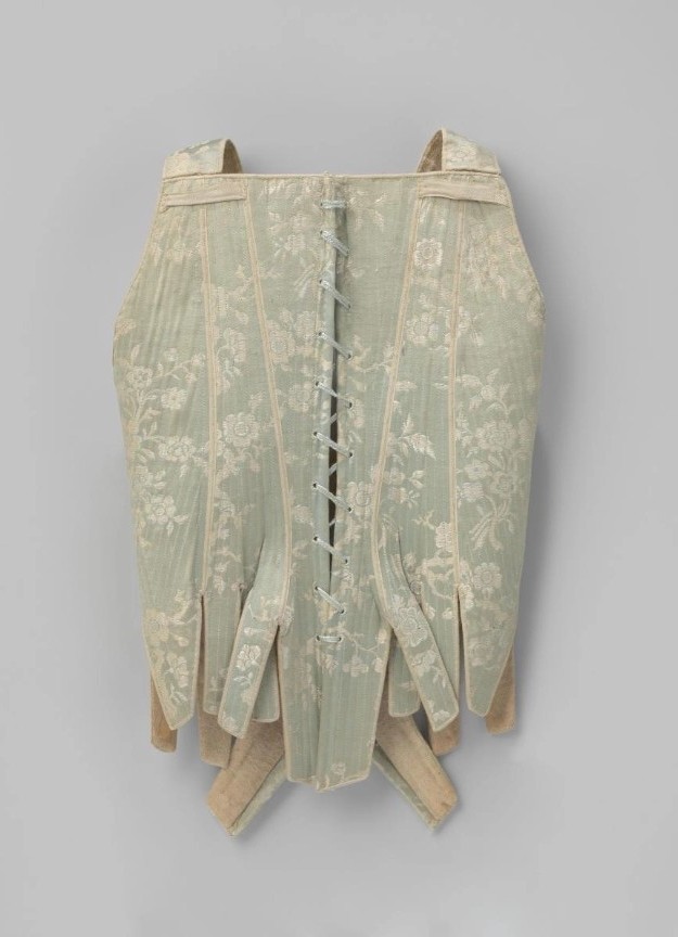 Back view of a light-blue silk corset from 1740–1760 with central lacing