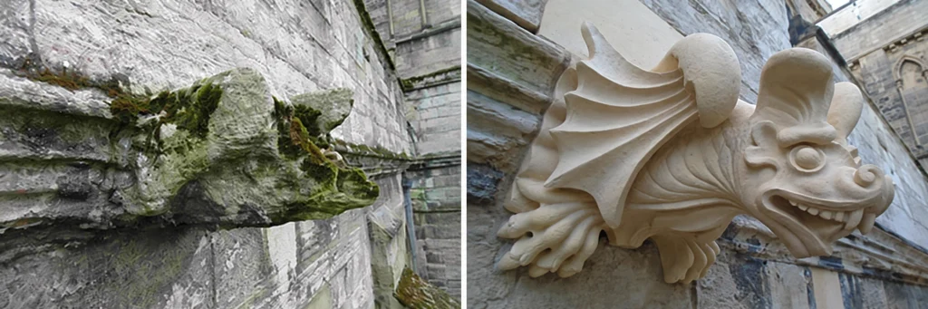 Before-and-after comparison of an eroded stone gargoyle at Ripon Cathedral and its replacement, carved as a bat by Tom Nicholls in 2015.