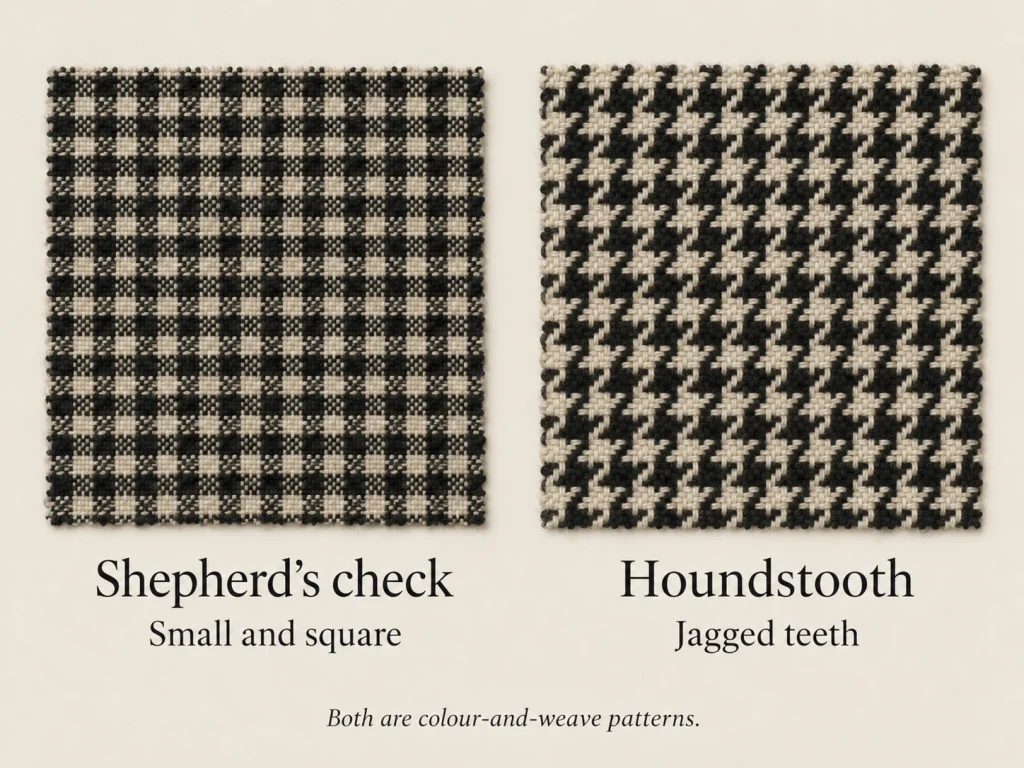 Side-by-side comparison of shepherd’s check and houndstooth woven patterns, showing shepherd’s check as small and square and houndstooth as jagged and toothed.