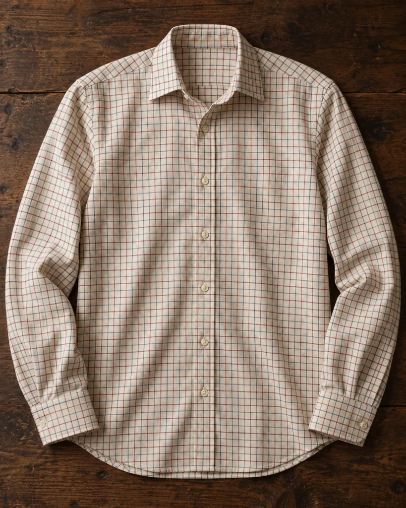 Cream Tattersall check shirt with fine intersecting red and blue lines, laid flat on a dark wooden table.