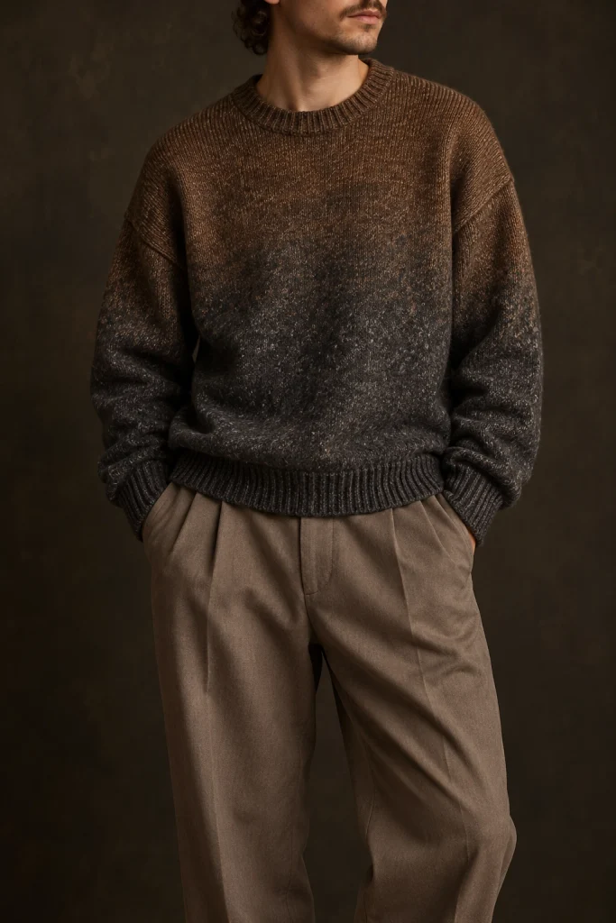 Tobacco-and-charcoal slouchy jumper worn with fuller taupe trousers.