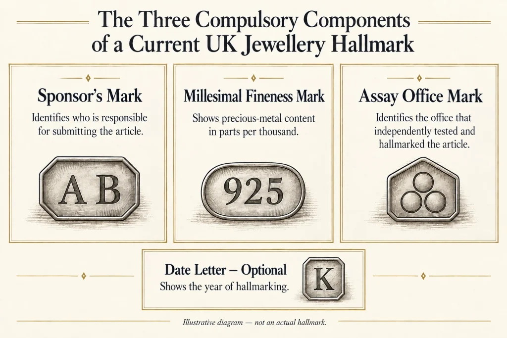 Diagram showing the three compulsory elements of a current UK hallmark: sponsor’s mark, millesimal fineness mark and Assay Office mark, with the date letter shown as optional.