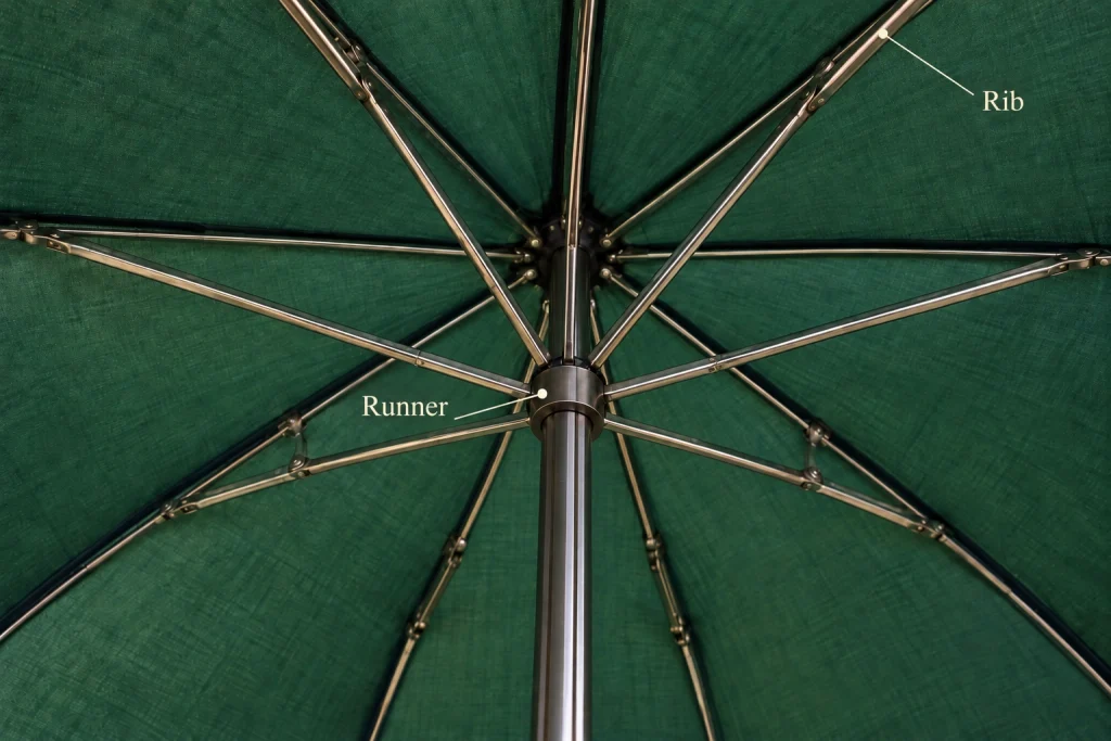 Close-up of the underside of a green umbrella, showing the central shaft, runner and metal ribs supporting the canopy.