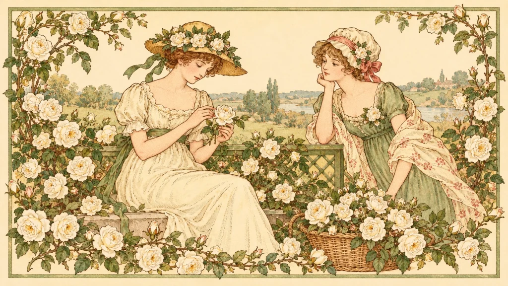 Two women surrounded by white roses in a Victorian-inspired botanical illustration.