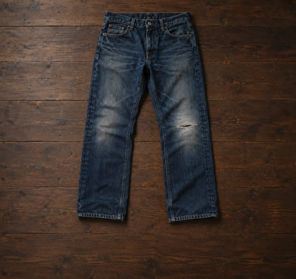 Dark-indigo jeans laid flat on a wooden surface, with a small horizontal tear and surrounding worn area at the left knee before repair.