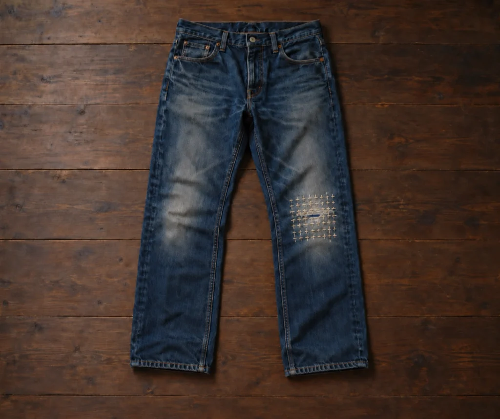 Dark-indigo jeans with a finished cream visible mend reinforcing the torn left knee, with the dark backing patch visible through the remaining slit.
